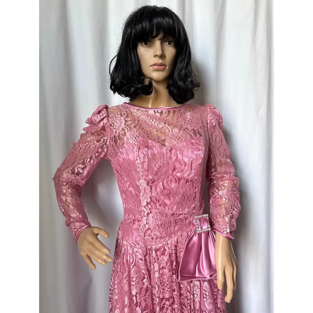 American vintage 70's pink lace prom Bridesmaid midi dress small